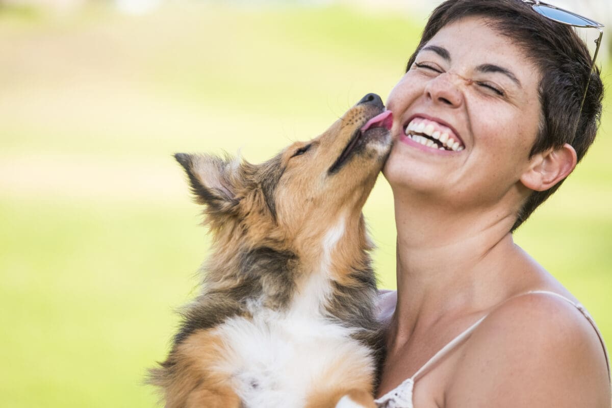 A woman laughs as a dog licks her face.