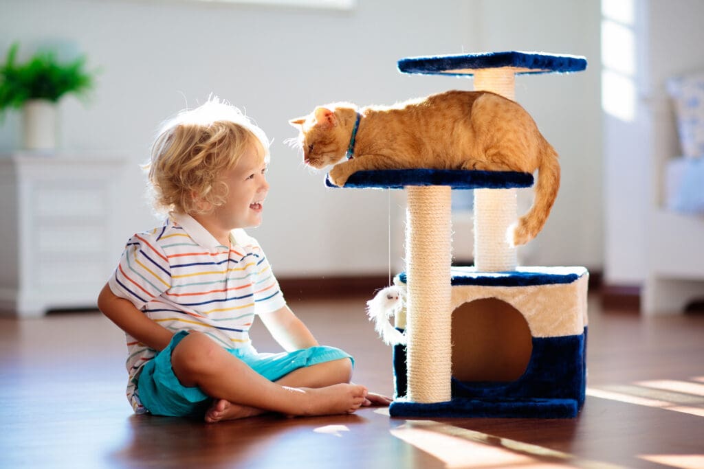 Child playing with cat in a home.