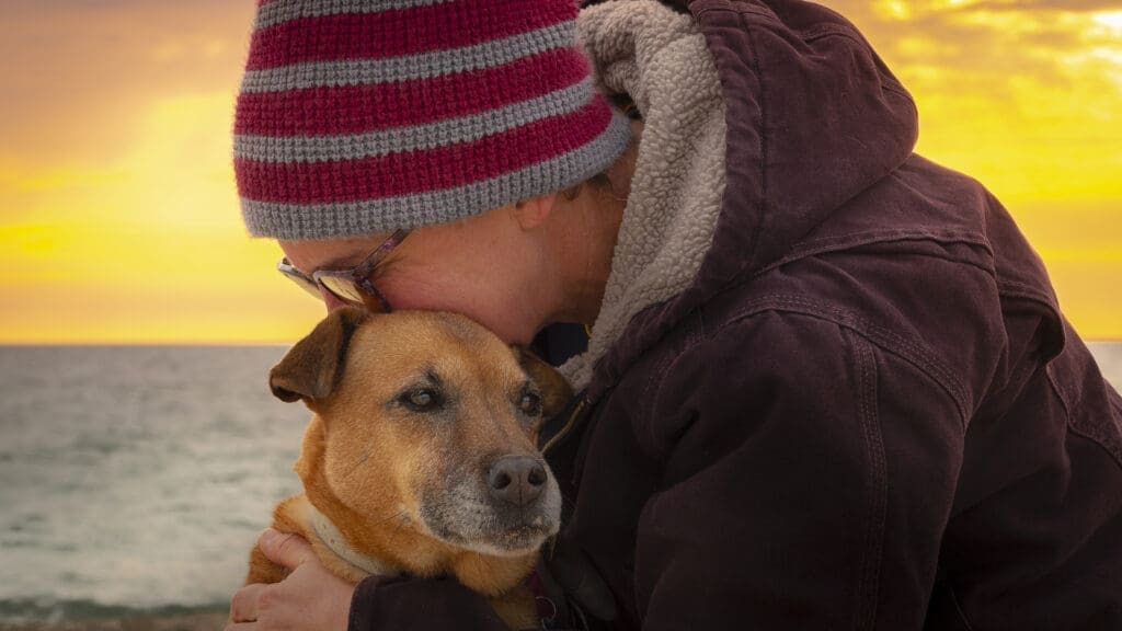 A person hugging a brown dog outdoors