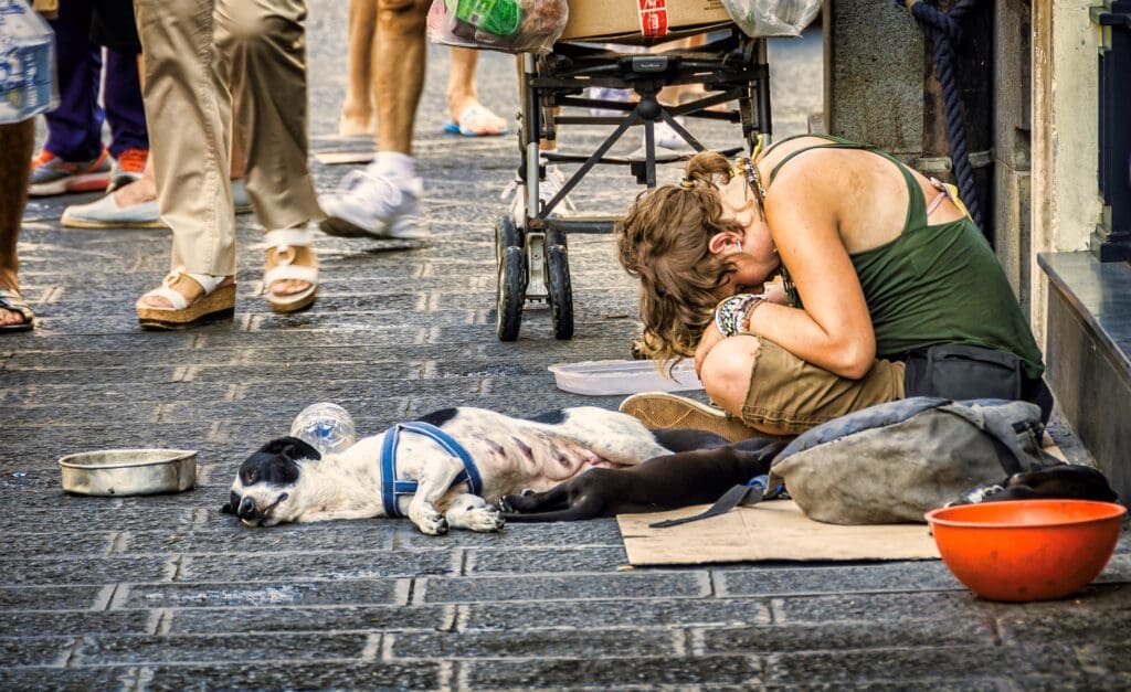 A dog and her guardian experiencing homelessness sit on the street as people walk past.