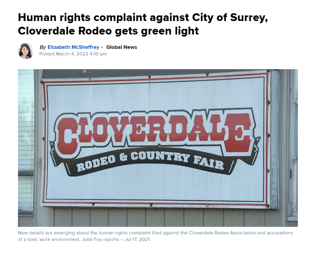 A screenshot of an article from Global News reading "Cloverdale Rodeo accused of discrimination in human rights complaint"