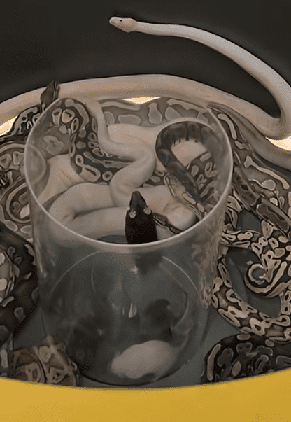 Rats are crowded in a clear container open at the top, surrounded a larger container of snakes.